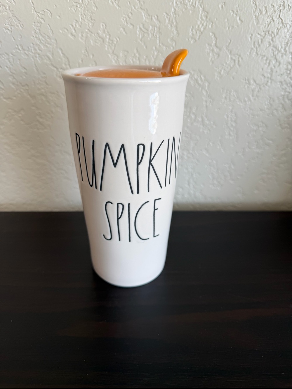 Rae Dunn PUMPKIN SPICE Ceramic Travel Tumbler Orange Lid 12 Oz